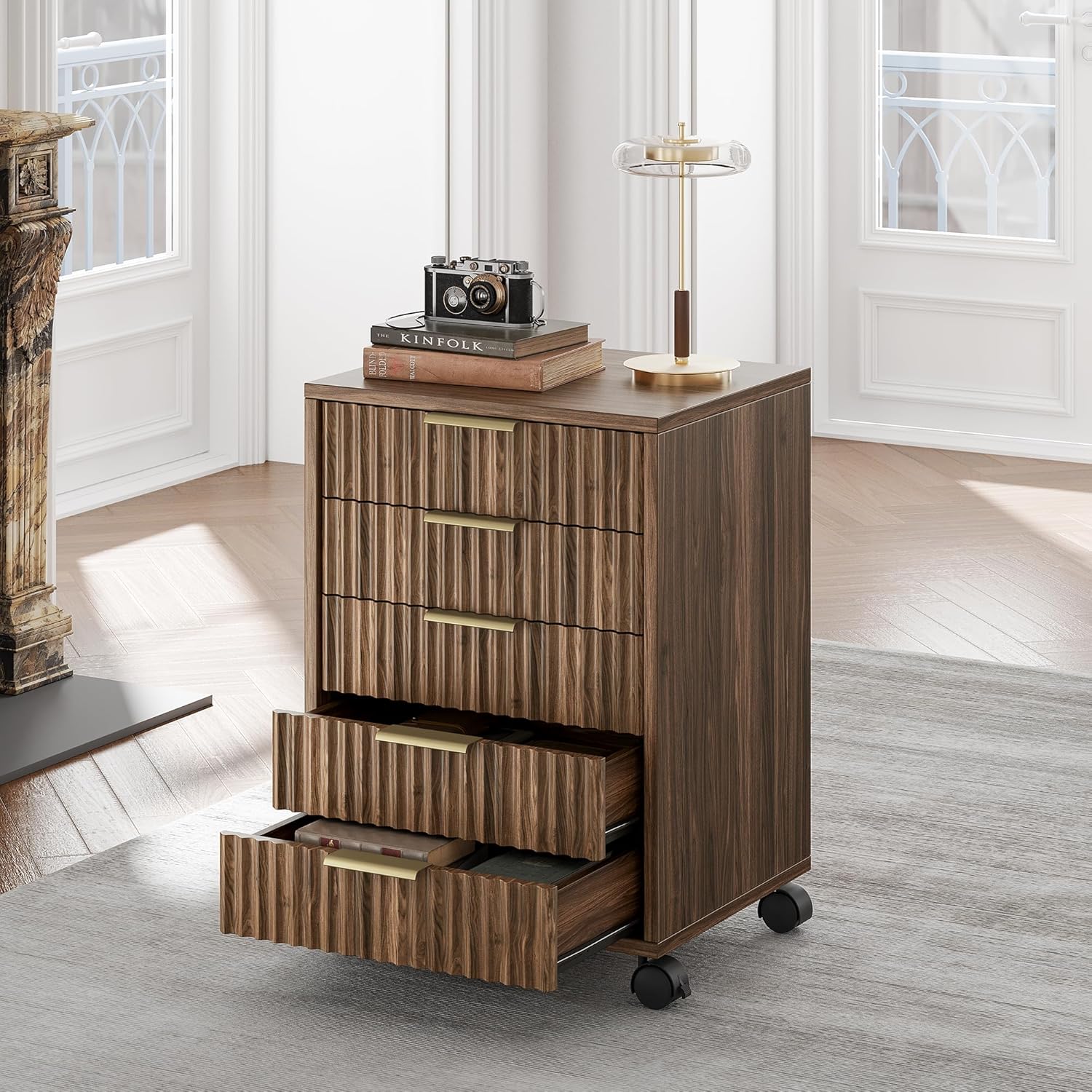 5 Drawer Chest, Under Desk Storage Wood Drawers with Wheels, Fluted File Cabinet for Home Office, Black Walnut