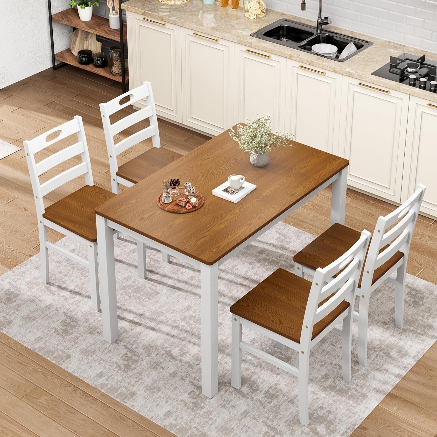 Sophia & William 5 Piece Dining Table Set for 4, Wood Kitchen Table and Chairs Set, 45" Rectangular Breakfast Dining Table and 4 Chairs, Farmhouse Kitchen Dining Room Set, Walnut & White