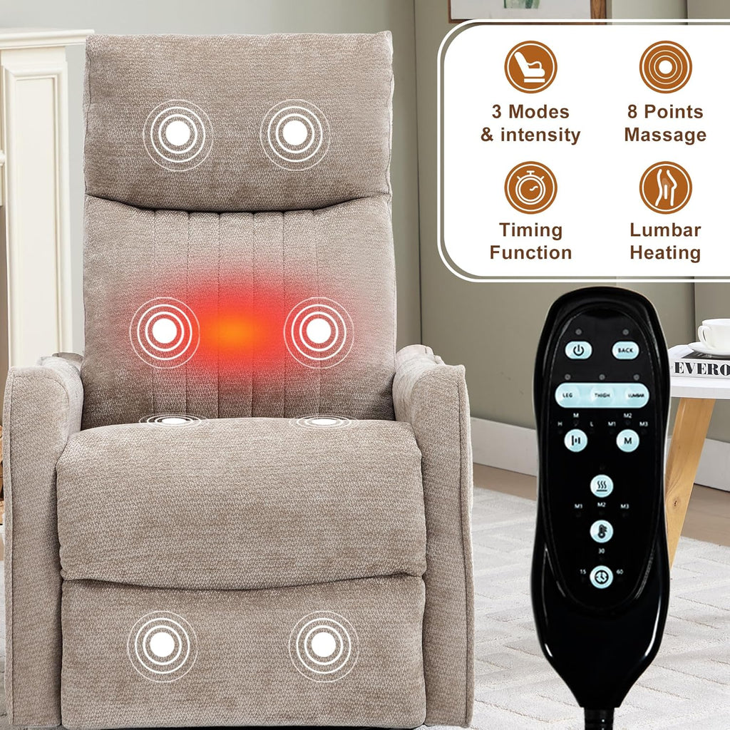 Swivel Rocker Recliner Chair, Nursery Rocking Chair with Heat and Massage, Glider Reclining Chair for Living Room Small Space Bedroom, Chenille Khaki