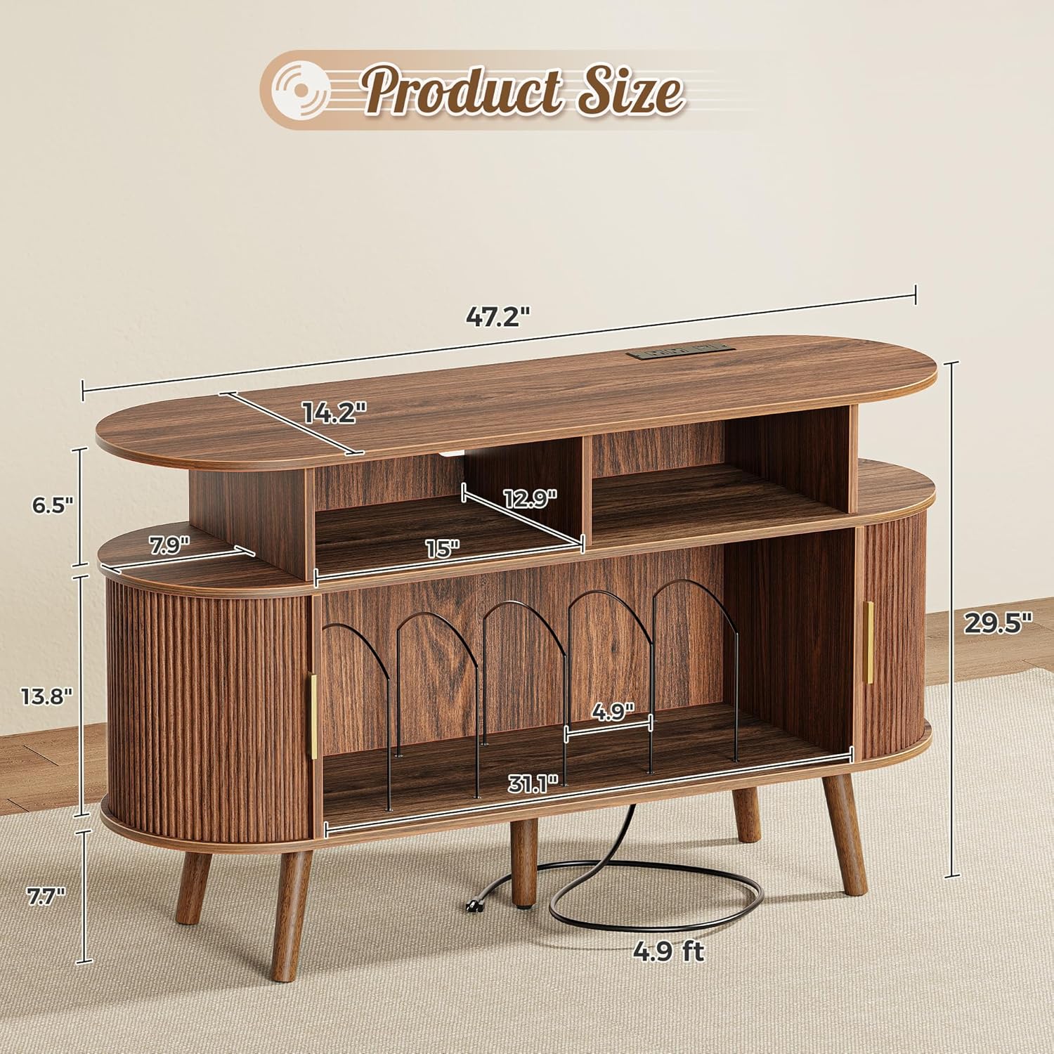 PRAISUN 47.2 Inch Large Record Player Stand with Power Outlets & 3-Color Lights, Vinyl Record Stand with 2 Fluted Cabinets, USB-C Port, Mid Century Modern Player Stand, Open Storage, Walnut