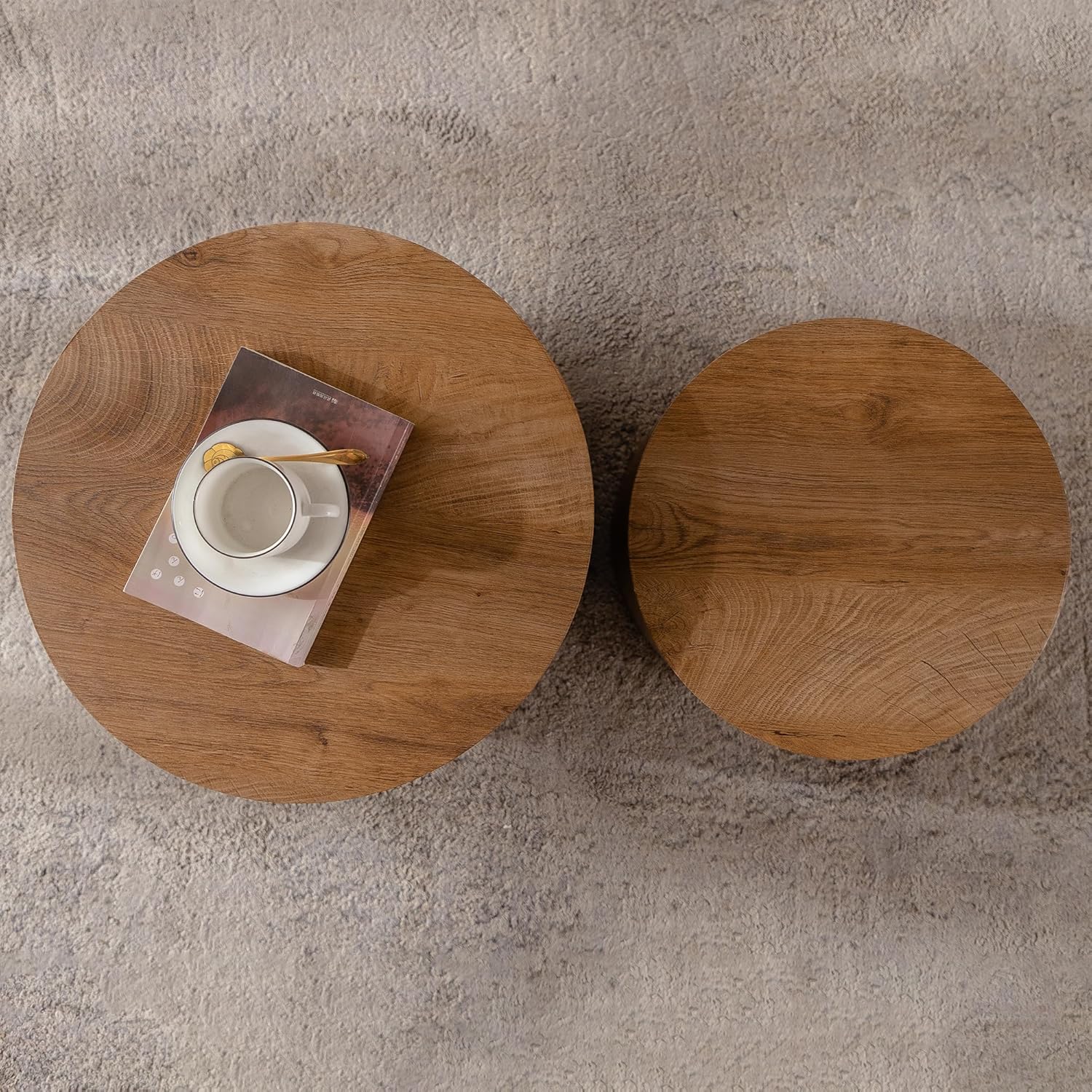 Nesting Round Coffee Table Set of 2, Accent End Table for Small Spaces, Morden Drum Side Table, Wooden Circle Center Table for Living Room, Fully Assembled - Light Walnut