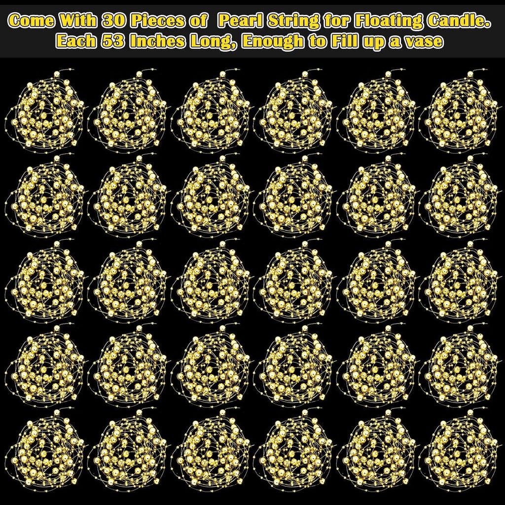 Billbotk 30 Pieces Floating Pearls Beads String for Floating Candles, Gold Vase Fillers for Centerpieces Faux Pearls Beads String for Wedding Celebration Party Decor