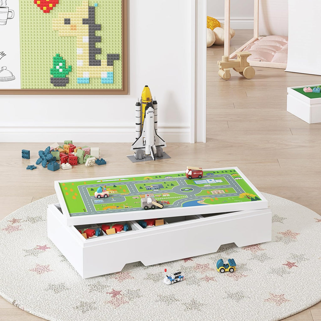 UTEX 3 in 1 Construction Play Table Compatible with Lego, Rolling Kids Activity Train Table with Storage and Wheels, Reversible Top Store Under Beds or Sofas