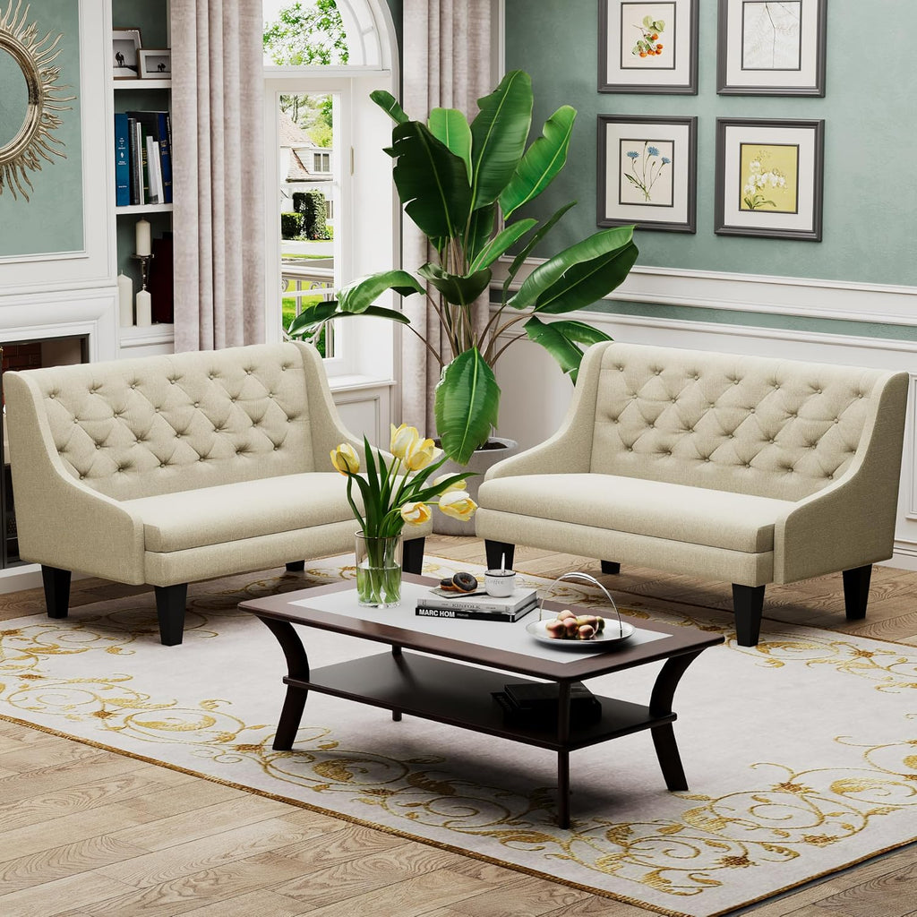 Tongli 50" Small Modern Loveseat Settee Sofa Linen Fabric 2-Seat Sofa Couch Tufted Love Seat Dining Bench with Back Upholstered Banquette Sofas for Living Room Bedroom Small Space Entryway
