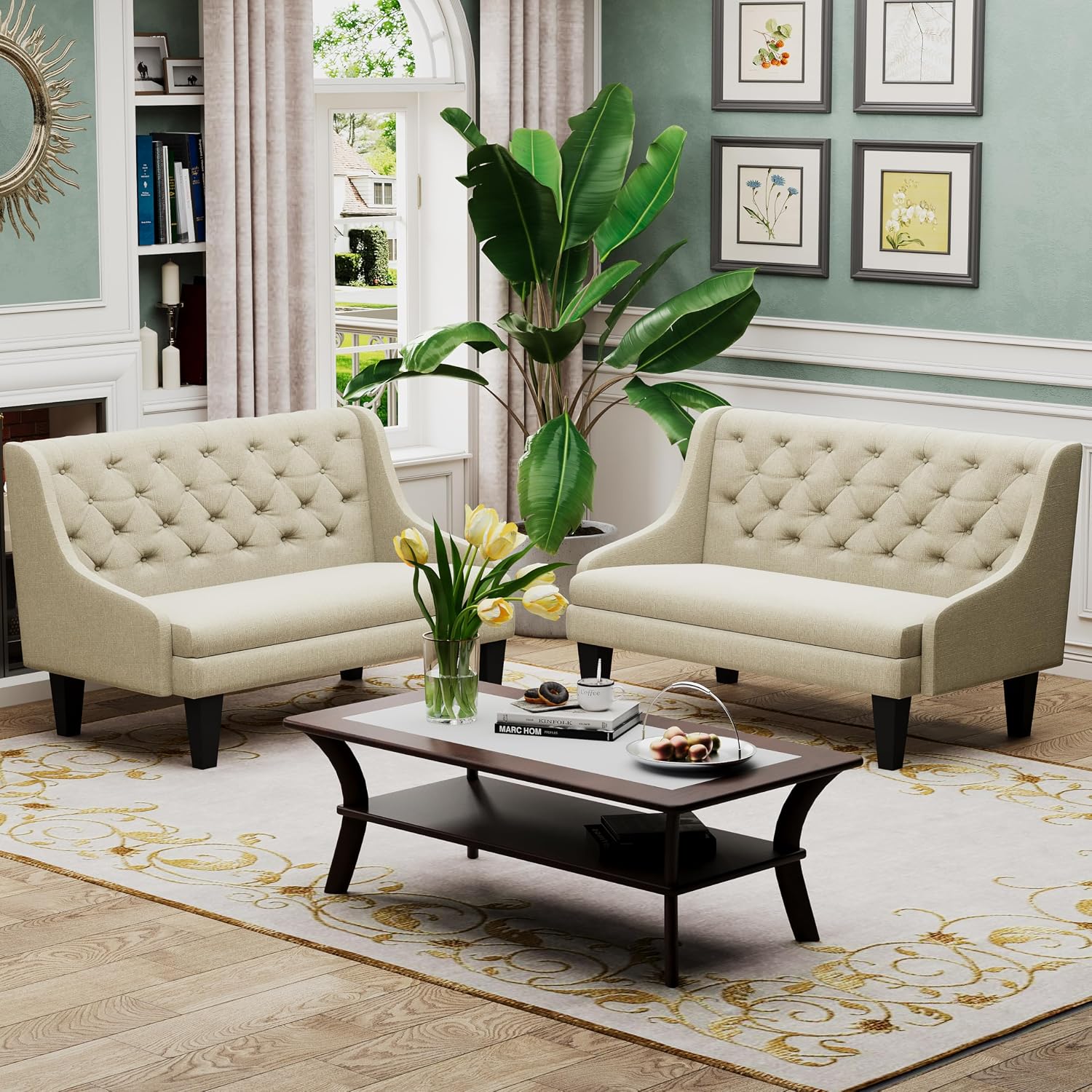 Tongli 50" Small Modern Loveseat Settee Sofa Linen Fabric 2-Seat Sofa Couch Tufted Love Seat Dining Bench with Back Upholstered Banquette Sofas for Living Room Bedroom Small Space Entryway