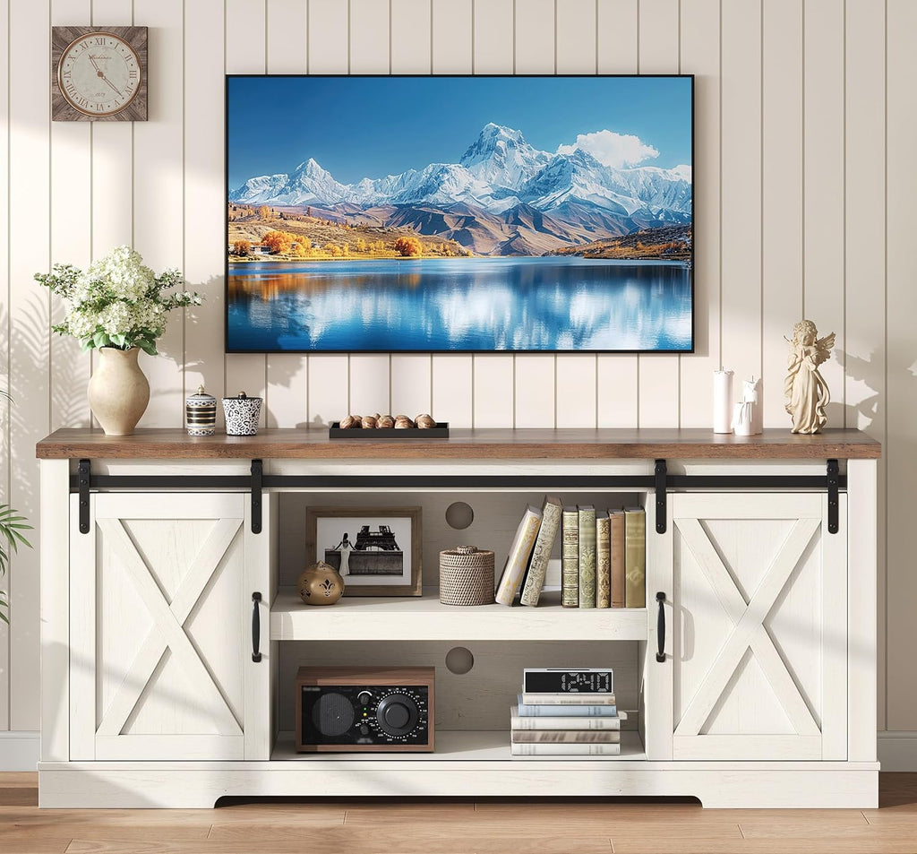AMERLIFE 4-Piece Farmhouse Table Set Includes Sliding Barn Door TV Stand, Coffee Table& Two End Tables, Side Table with Charging Station and USB Ports for Living Room, Distressed White, 66"
