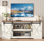 AMERLIFE 4-Piece Farmhouse Table Set Includes Sliding Barn Door TV Stand, Coffee Table& Two End Tables, Side Table with Charging Station and USB Ports for Living Room, Distressed White, 66"