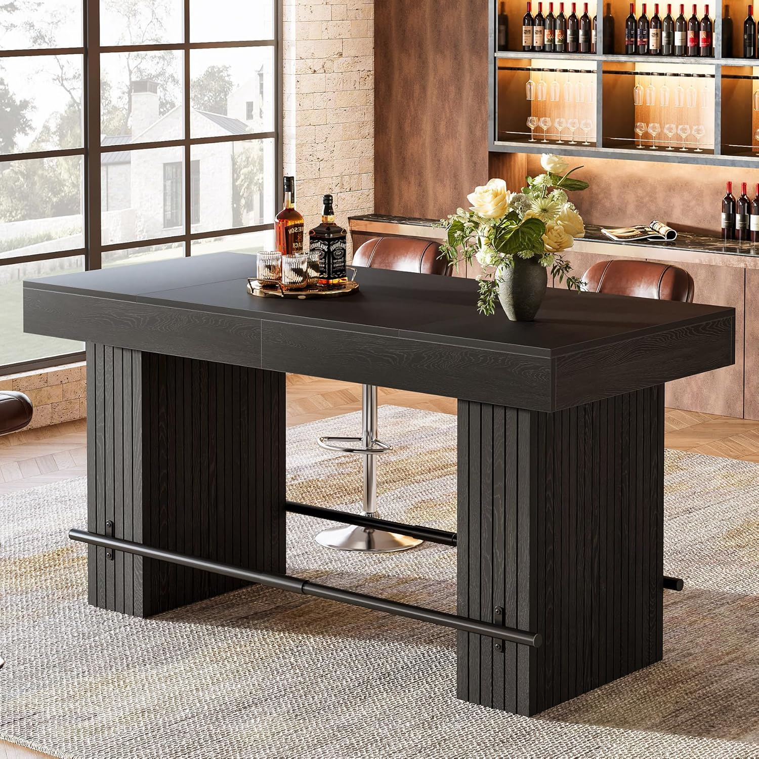 Tribesigns 62.2 Inch Bar Table, Industrial Counter Height Pub Dining Table, Rectangular Home Bar Units with Metal Footrest for Home Kitchen, Dining Room, Bistro, Black