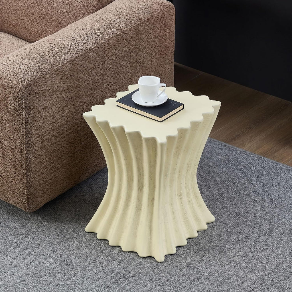 15.16" Square Sofa Side Table with Creative Wavy/Scallop Edge Design, Modern Creative Couch End Table Nightstand for Living Room Apartment Bedroom, No Need Assembly, (Fiberglass, Beige)