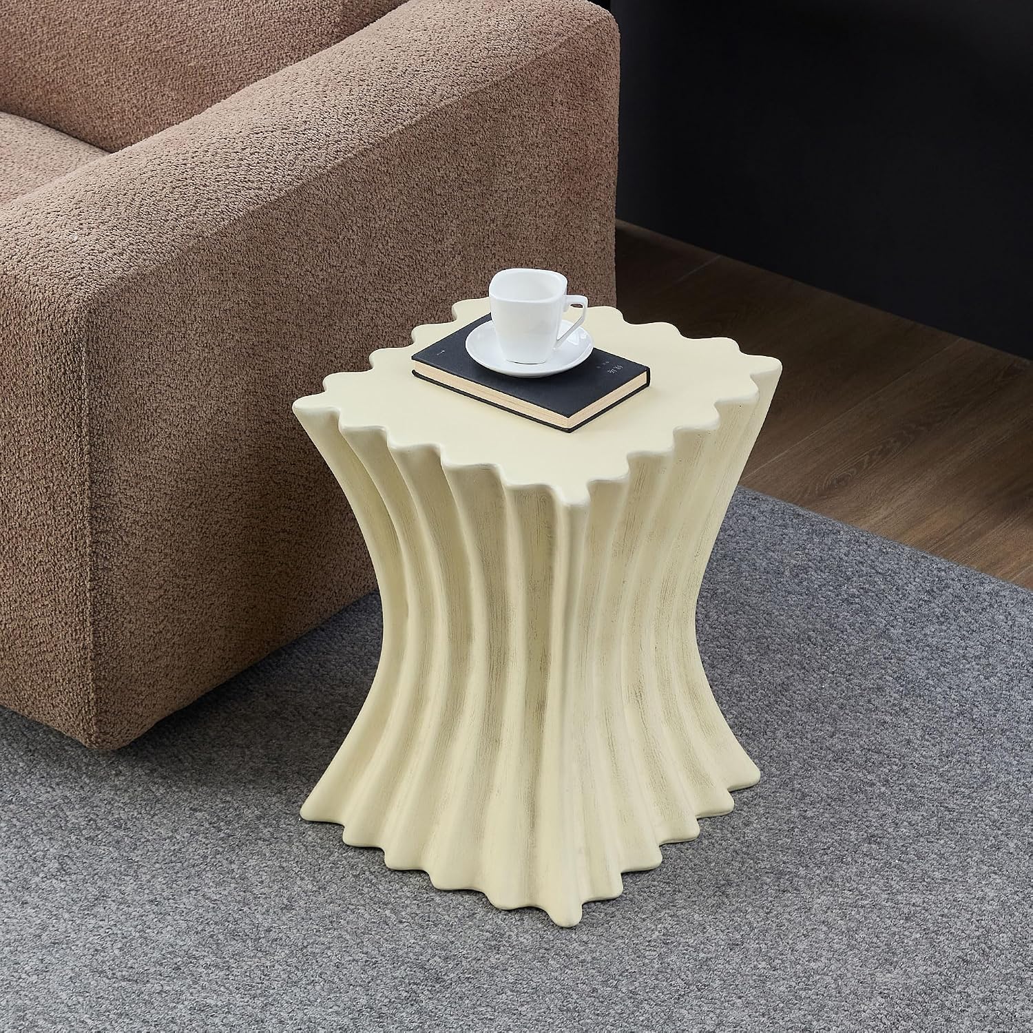 15.16" Square Sofa Side Table with Creative Wavy/Scallop Edge Design, Modern Creative Couch End Table Nightstand for Living Room Apartment Bedroom, No Need Assembly, (Fiberglass, Beige)
