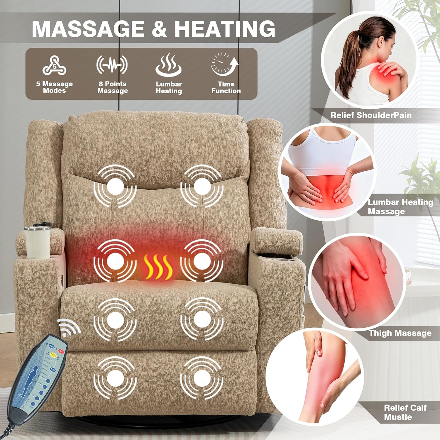 Power Swivel Rocker Recliner Chair with Heat and Massage, Adjustable Headrest, Cup Holder & Armrest Storage, Oversized Extra Wide Reclining Rocking Chairs for Nursery and Adults Dual Motors
