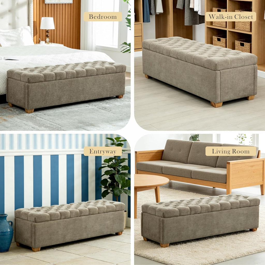Aoiy & Wifon 60.2'' W Storage Ottoman Bench, Chenille Upholstered Ottoman with Storage, End of Bed Storage Bench with Wood Legs for Bedroom, Entryway, Window, Living Room, Taupe