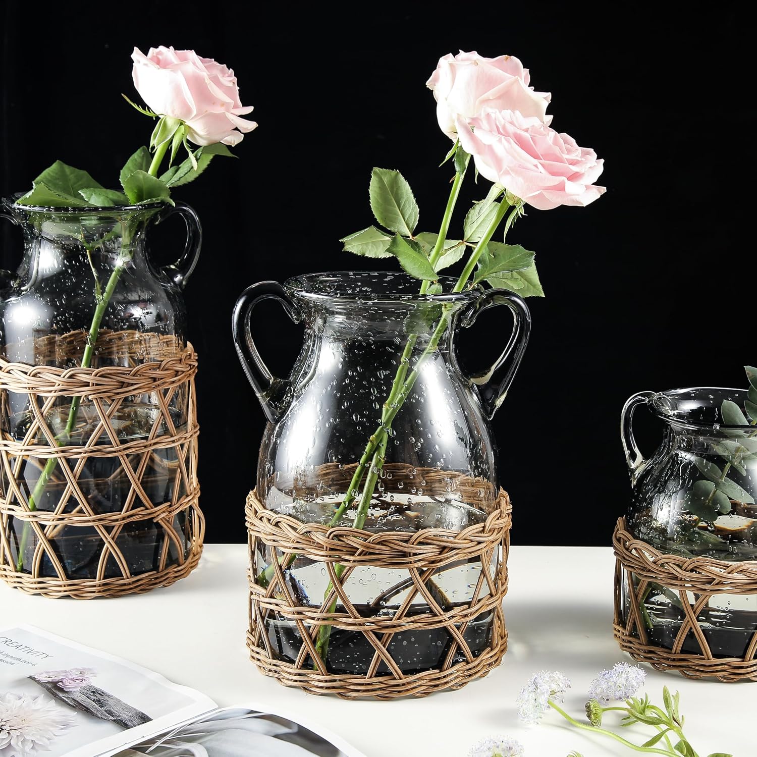 KIANG Hand Blown Colorful Glass Vase with Handle, Flower Vase Decor for Home Decoration, Vases for Centerpieces, Wedding Party, Hotel, Restaurant