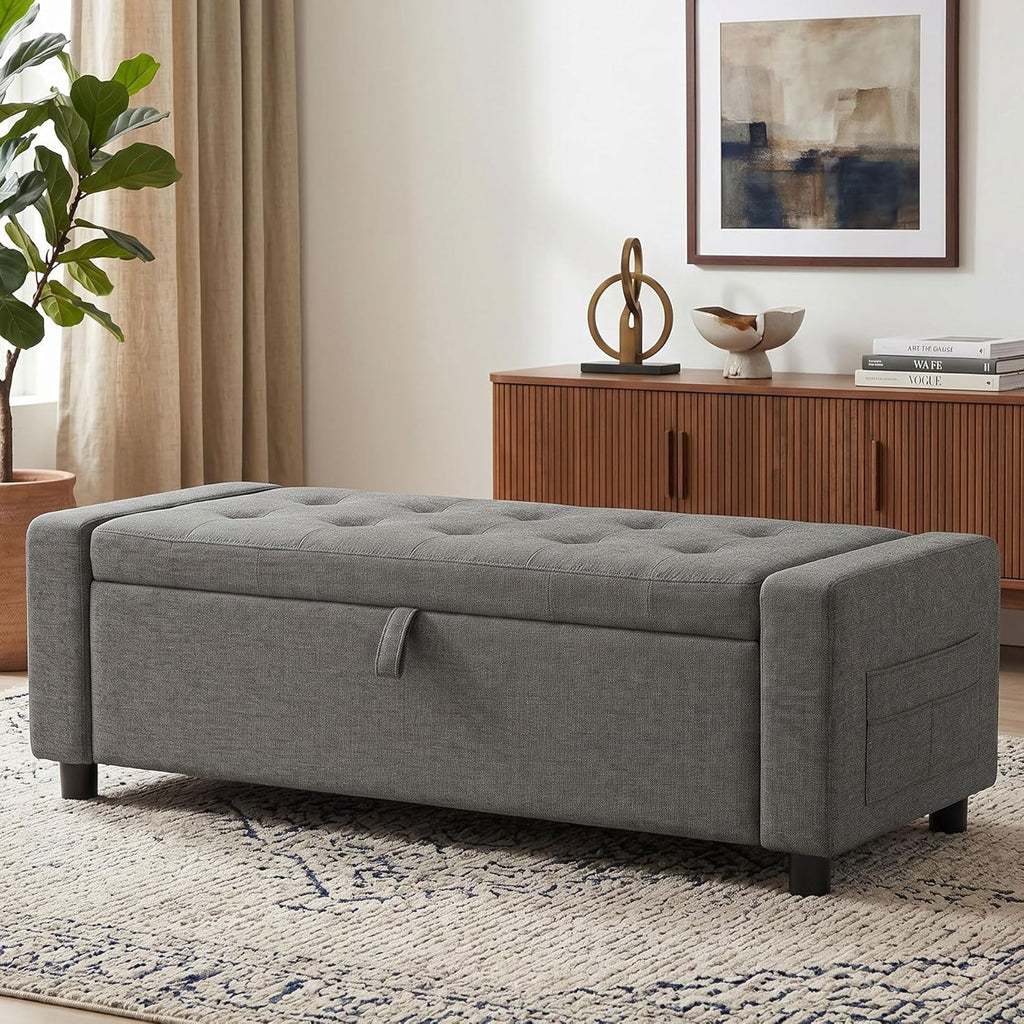 Marsail Upholstered Bench Rectangle Ottoman with Storage Bench for Bedroom End of Bed, Tufted Ottoman with Cushion, Modern Benches for Foot of Bed, Living Room, Entryway, Grey