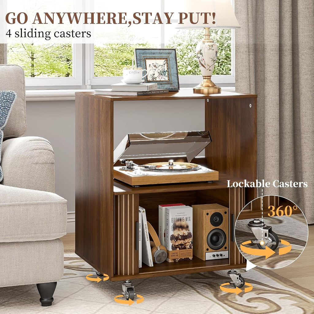 Side Table with Storage, Small End Tables with Sliding Door, Rolling Night Stand with Wheels, Mid Century Modern Bedside for Living Room, Bedroom, Small Space (Walnut)