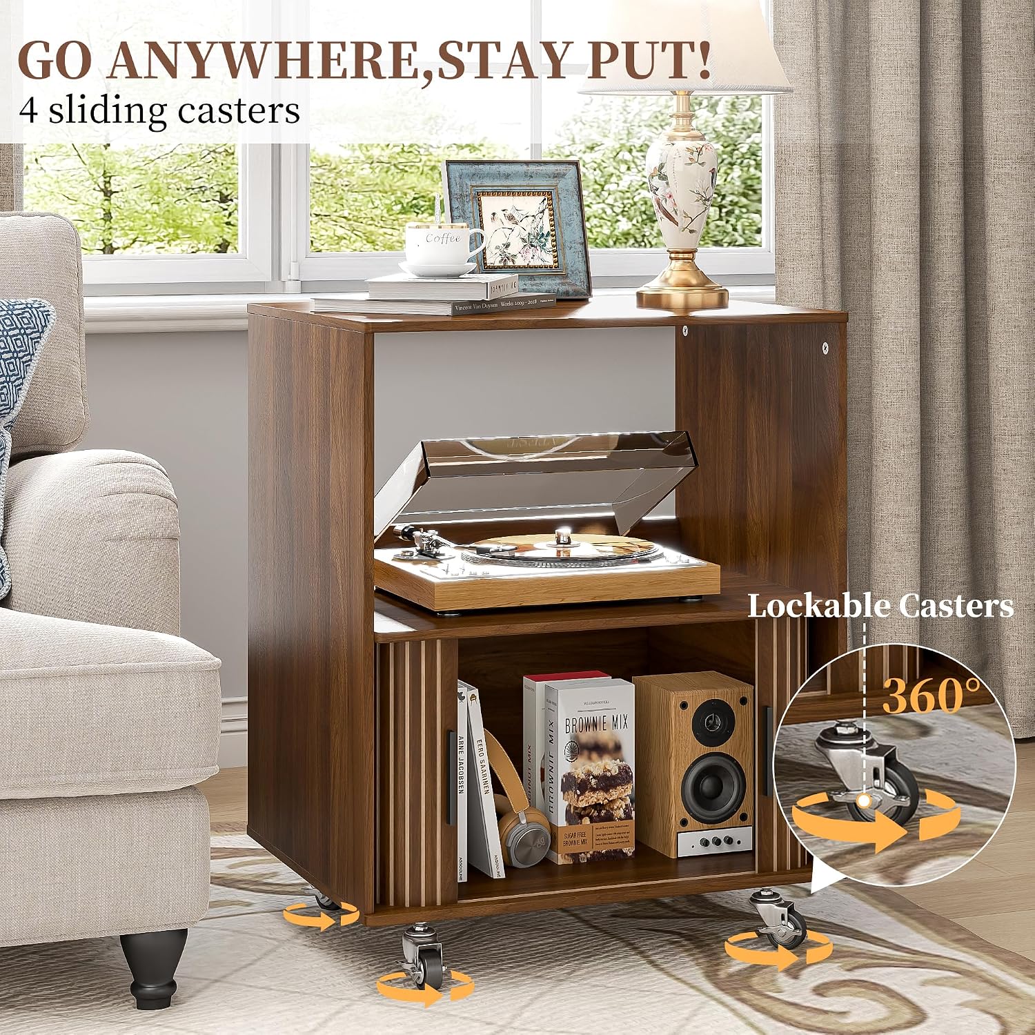 Side Table with Storage, Small End Tables with Sliding Door, Rolling Night Stand with Wheels, Mid Century Modern Bedside for Living Room, Bedroom, Small Space (Walnut)