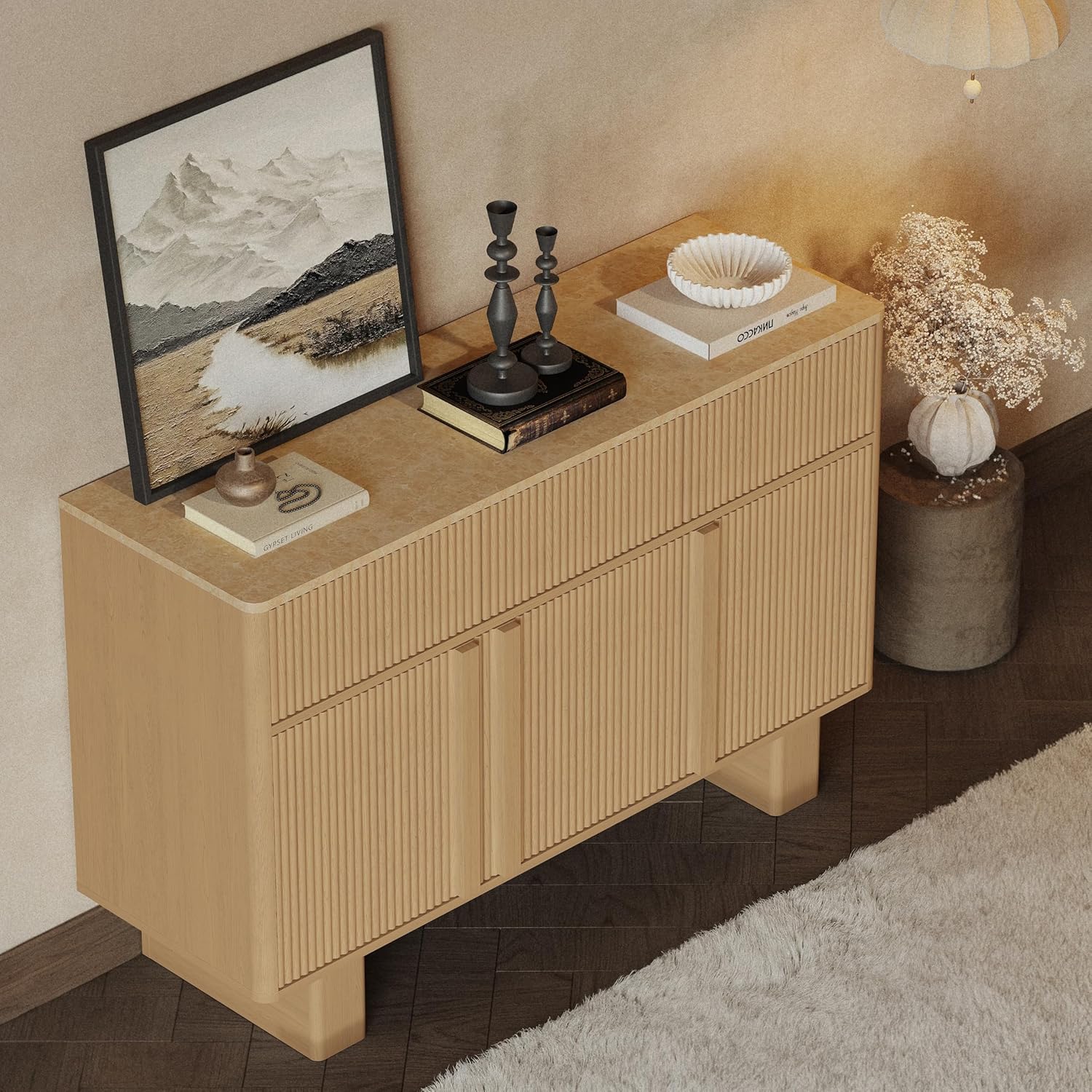 Farmhouse Sideboard Buffet Cabinet with Storage,47" Large Credenza with 3 Reinforced Doors & 3 Drawers,Adjustable Shelves Console Table,Wood Kitchen Coffee Bar for Dining Room,Living Room,Light Oak