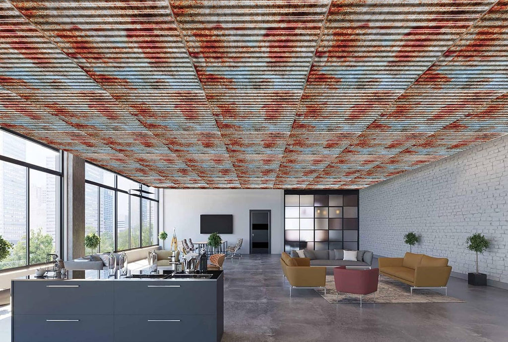 Dundee Deco Rusty Corrugated Old Tin Roof Lay in, PVC 3D Decorative Ceiling Panel, 2 ft X 2 ft (60cm X 60cm), 4 sq ft (0.37 sq m) Each