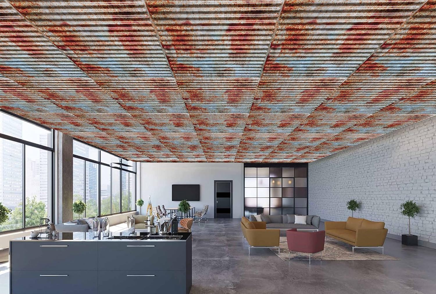 Dundee Deco Rusty Corrugated Old Tin Roof Lay in, PVC 3D Decorative Ceiling Panel, 2 ft X 2 ft (60cm X 60cm), 4 sq ft (0.37 sq m) Each