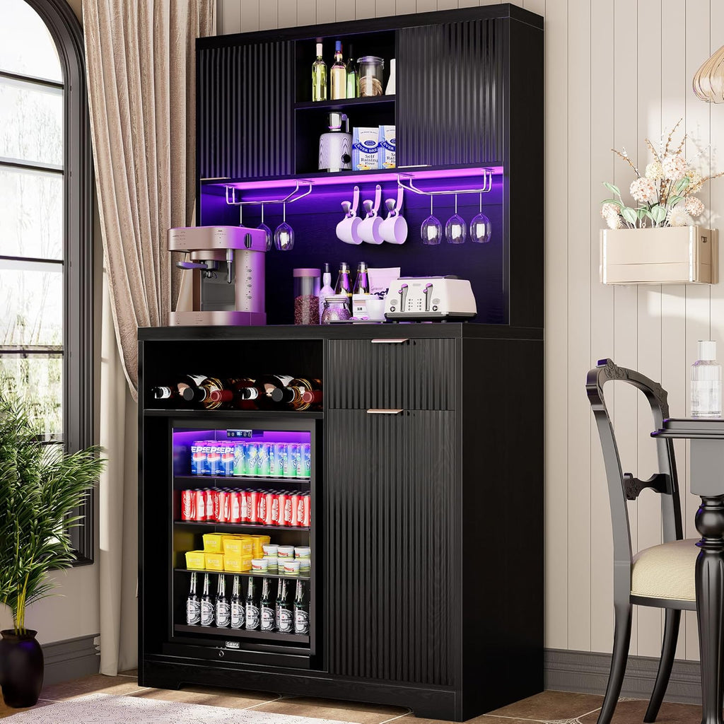Saudism Coffee Bar Cabinet with Mini Fridge, 72" Tall Wood Mini Fridge Cabinet with Storage, RGB Light, Cup Holder, for Home Kitchen Dining Room, Black