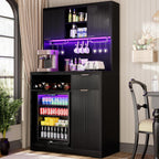 Saudism Coffee Bar Cabinet with Mini Fridge, 72" Tall Wood Mini Fridge Cabinet with Storage, RGB Light, Cup Holder, for Home Kitchen Dining Room, Black
