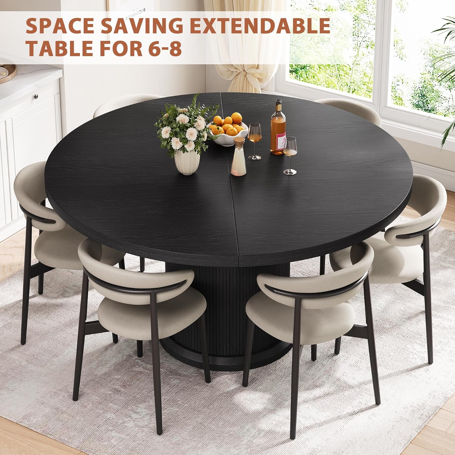 Jocoevol 47″–63″ Extendable Round Dining Table for 4–8 with Dust-Proof 2-Tier Storage Shelf Space-Saving Expandable Dining Room Table Wood Oval Circle Dining Table with Pedestal Base (Deep Black)