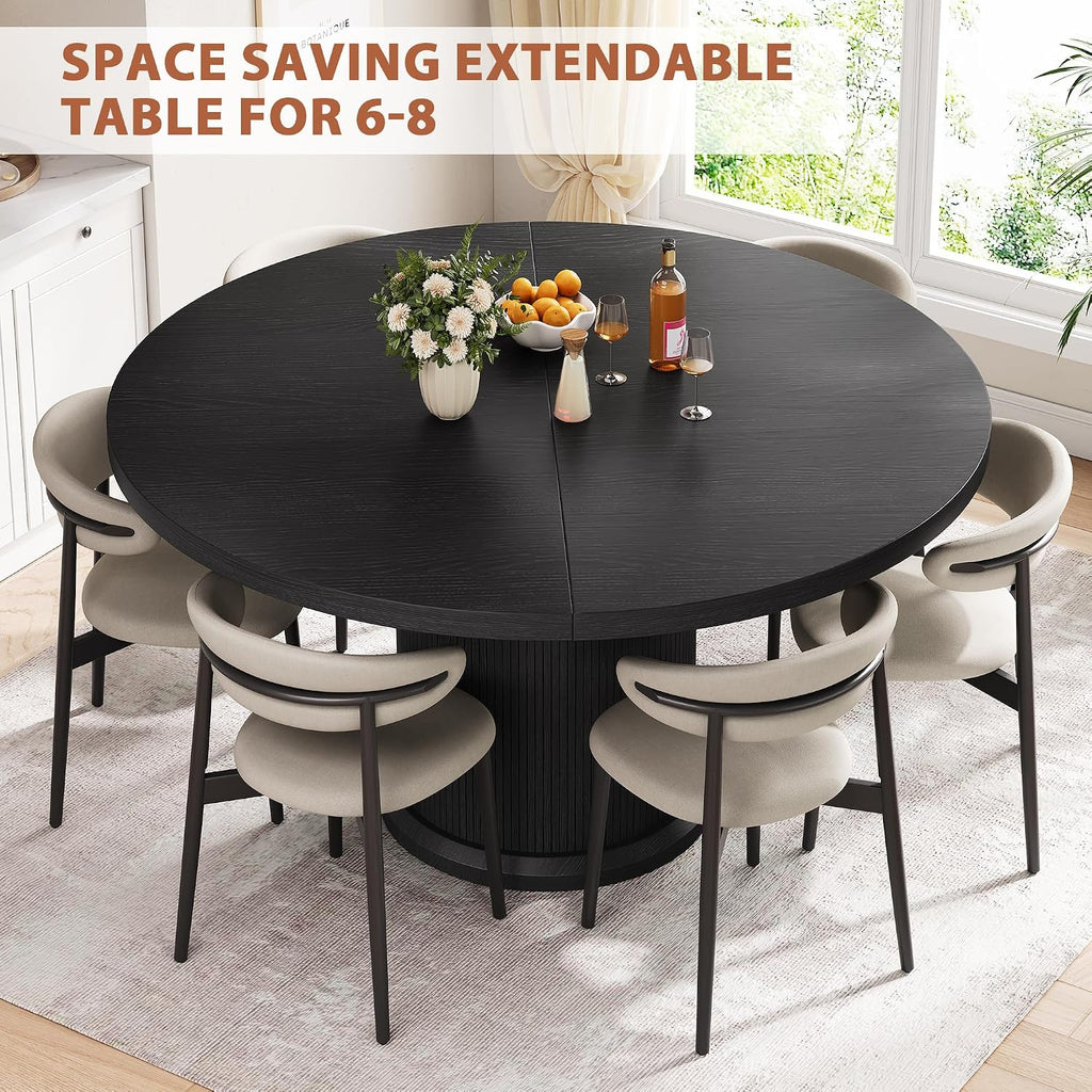 47"–63" Extendable Round Dining Table for 4-8, Expandable Kitchen Dining Table with Hidden 2-Tier Storage Shelf, Space-Saving Oval Dining Room Table with Pedestal Base, Black