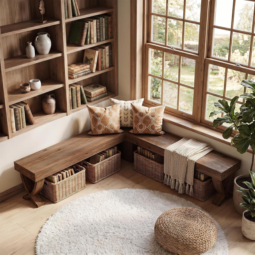 L Shaped Solid Wood Corner Bench, 55-Inch Farmhouse Table Bench with X-Shaped Leg, Backless Entryway Shoe Bench, for Dining Room, Hallway, Rustic Brown