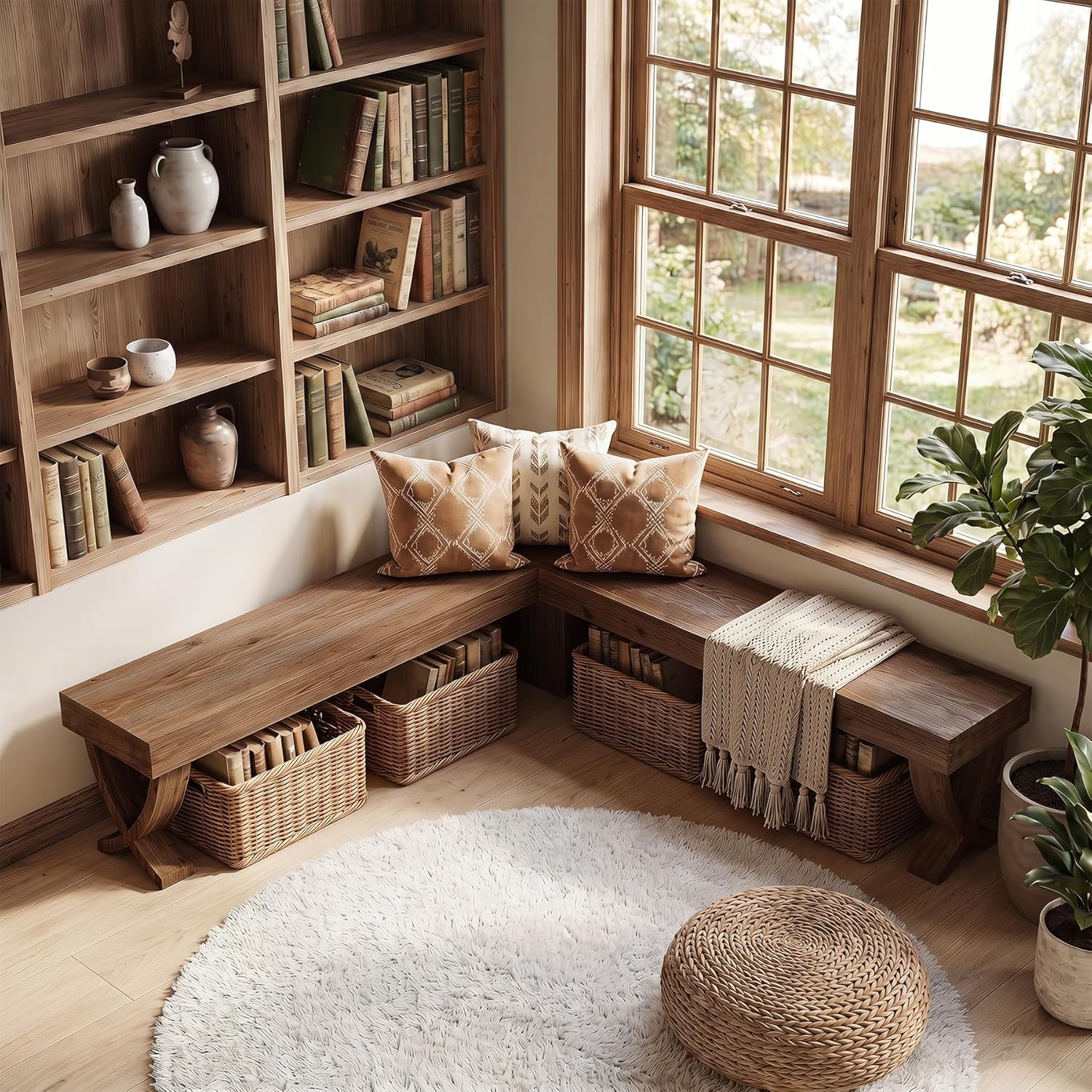 L Shaped Solid Wood Corner Bench, 55-Inch Farmhouse Table Bench with X-Shaped Leg, Backless Entryway Shoe Bench, for Dining Room, Hallway, Rustic Brown