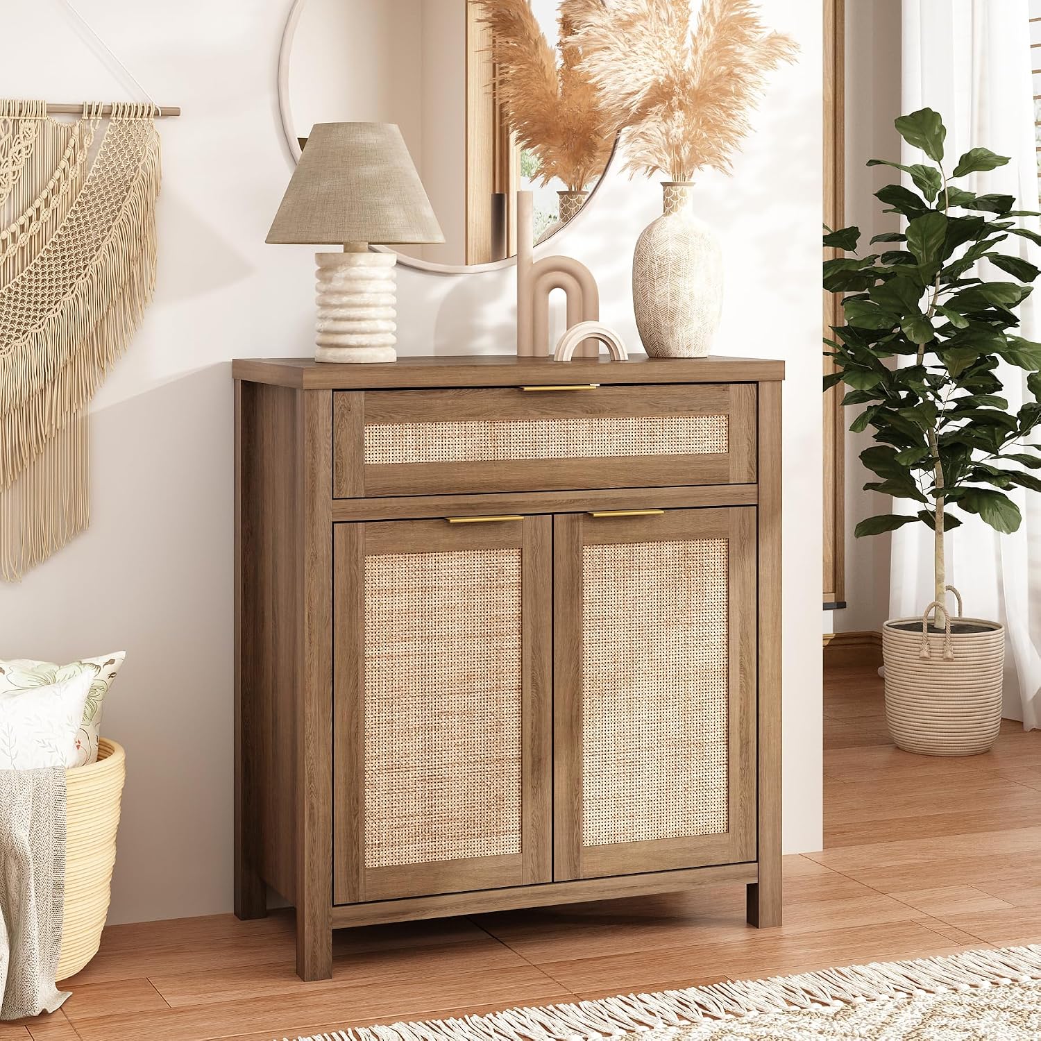 Sideboard Buffet Cabinet with Storage - 30" Rattan Boho Console Cabinets with Drawers, Mid Century Coffee Bar Cabinet for Entryway Living Room, Caramel Oak, Two Doors, Set of 2