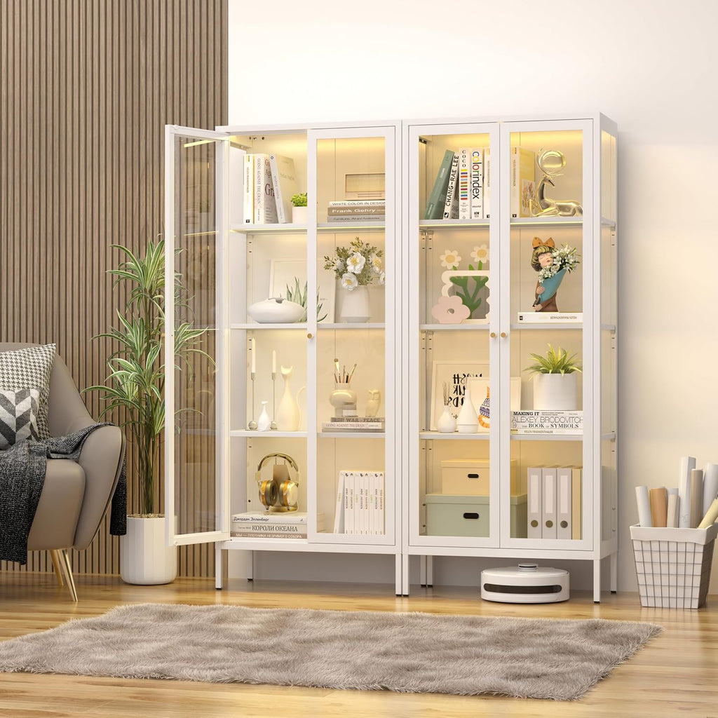 66"Glass Display Cabinet with 3 Color LED Lights,Metal Curio Cabinet with Glass Doors,4-Tier Display Case for Collectibles,Trophy,Plant,White Storage Cabinets For Living Room - Assemble Required