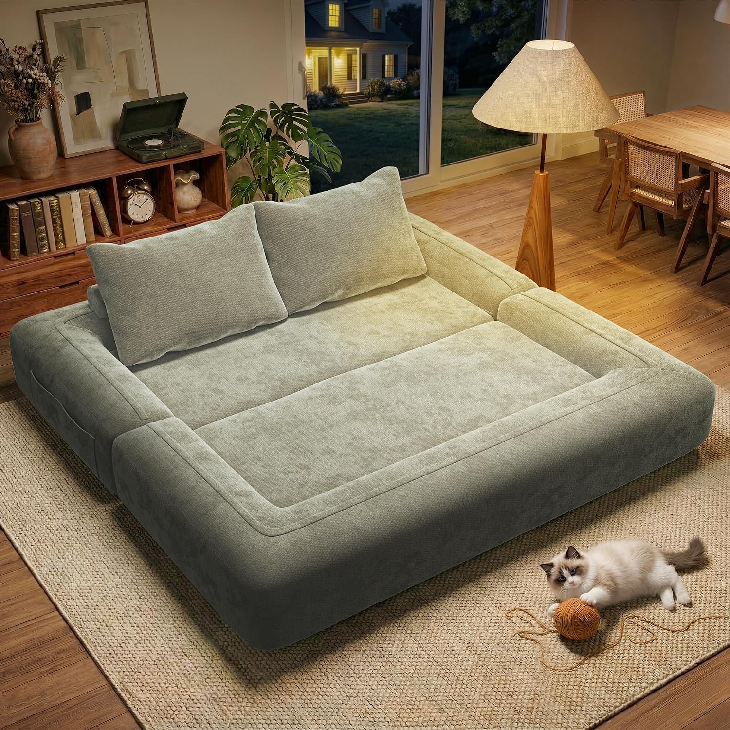 75'' Folding Convertible Sofa Bed with Large Pillow, 4-in-1 Foldable Pull Out Futon Sofa Bed, Chenille Boneless Mattress Couch, No Assembly Floor Sleeper Sofa Bed for Living Room/Bedroom, Light Brown