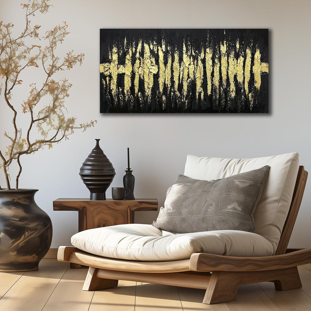 Large Hand Painted 3D Canvas Wall Art for Living Room, Neutral Abstract Black and Gold Texture Minimalismt Painting Handmade Picture Artwork Wall-Decor for Bedroom Home Decoration, Size 40x20 inches