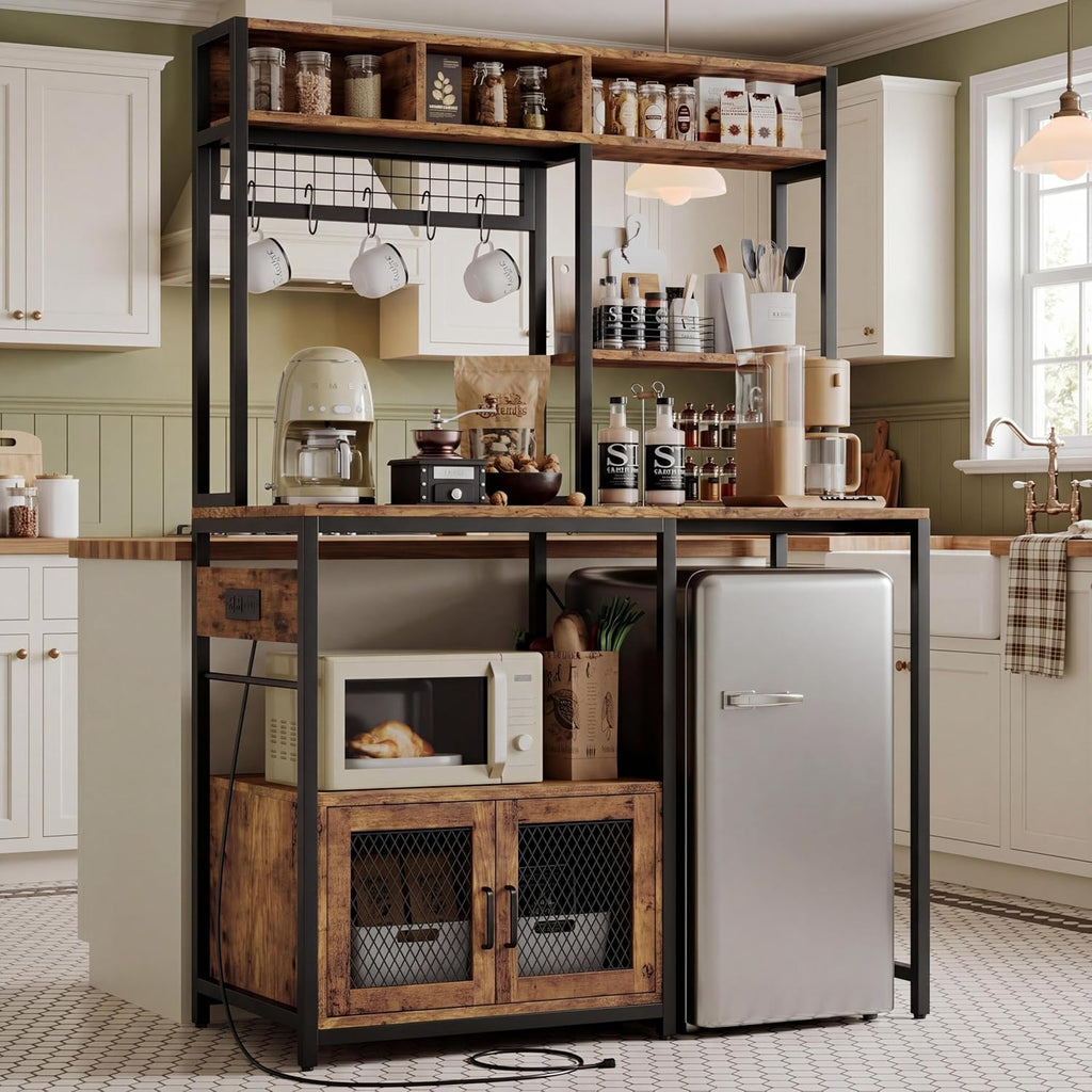 Garvee Microwave Stand with Fridge Stand, Industrial Kitchen Shelf with Power Outlet, Freestanding Kitchen Storage for Pantry Living Room, 47.2 x 19.7 x 68.1 Inches, Rustic Brown