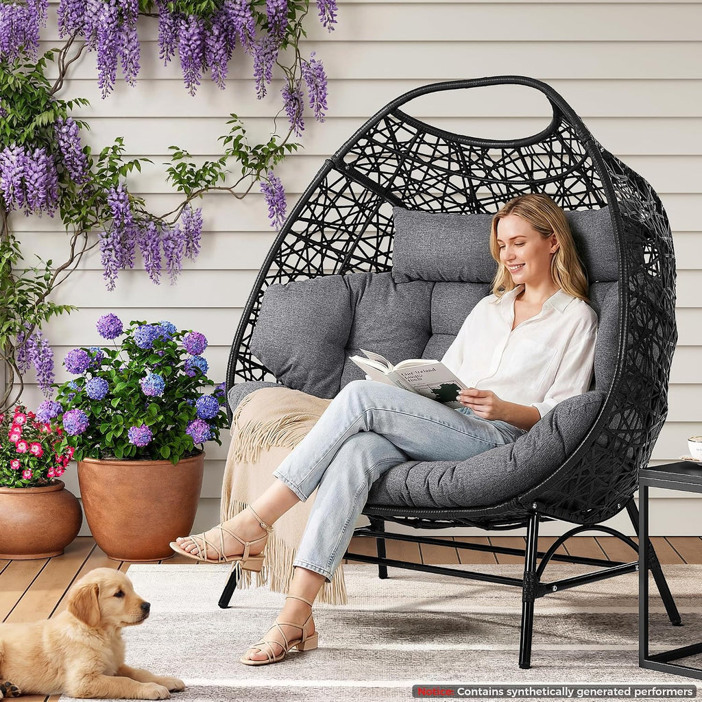 IRONCK Egg Chair Outdoor, Double Egg Lounge Chair with Thickened Padded Cushions and Headrests, 700 Lbs 2 Person Egg Loveseat for Garden, Indoor, Porch, Balcony, Patio, Dark Gray