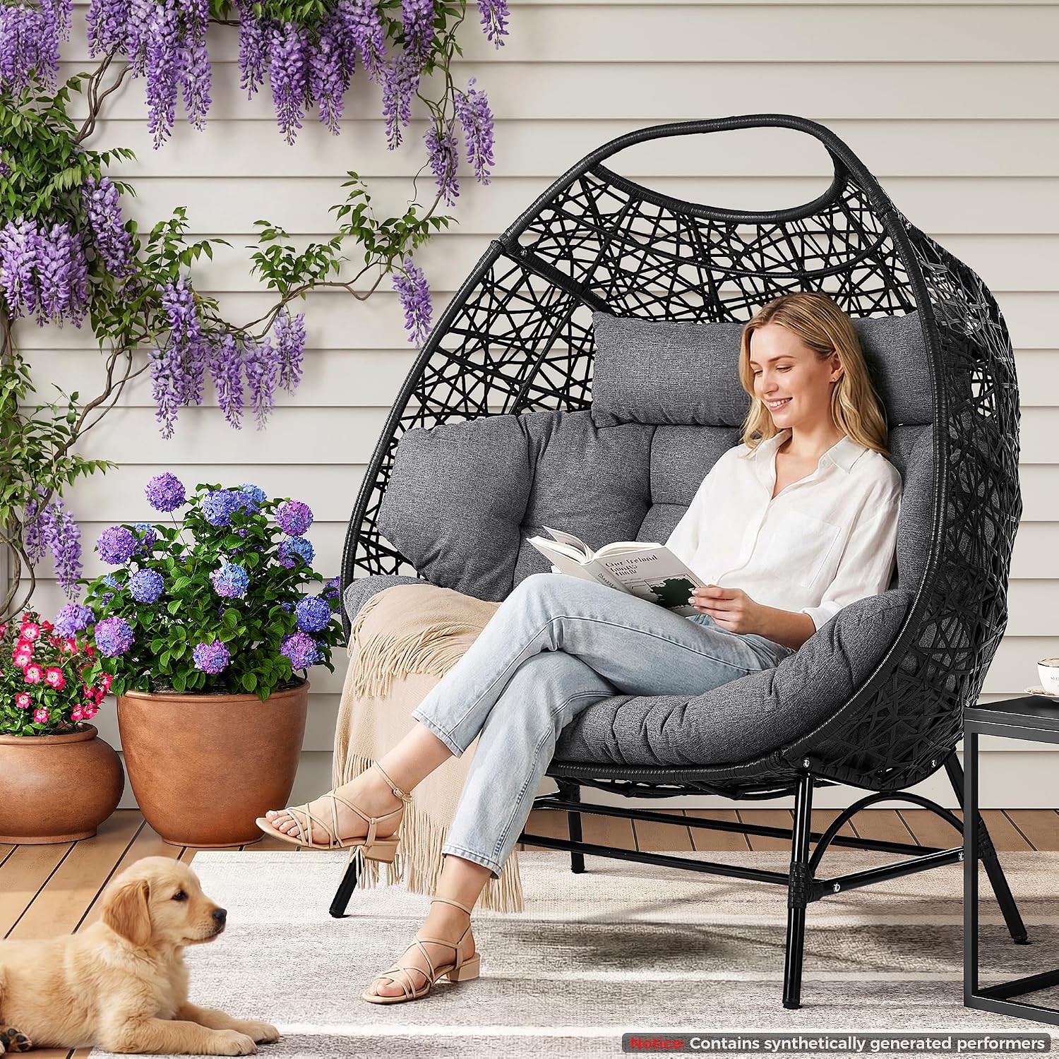 IRONCK Egg Chair Outdoor, Double Egg Lounge Chair with Thickened Padded Cushions and Headrests, 700 Lbs 2 Person Egg Loveseat for Garden, Indoor, Porch, Balcony, Patio, Dark Gray