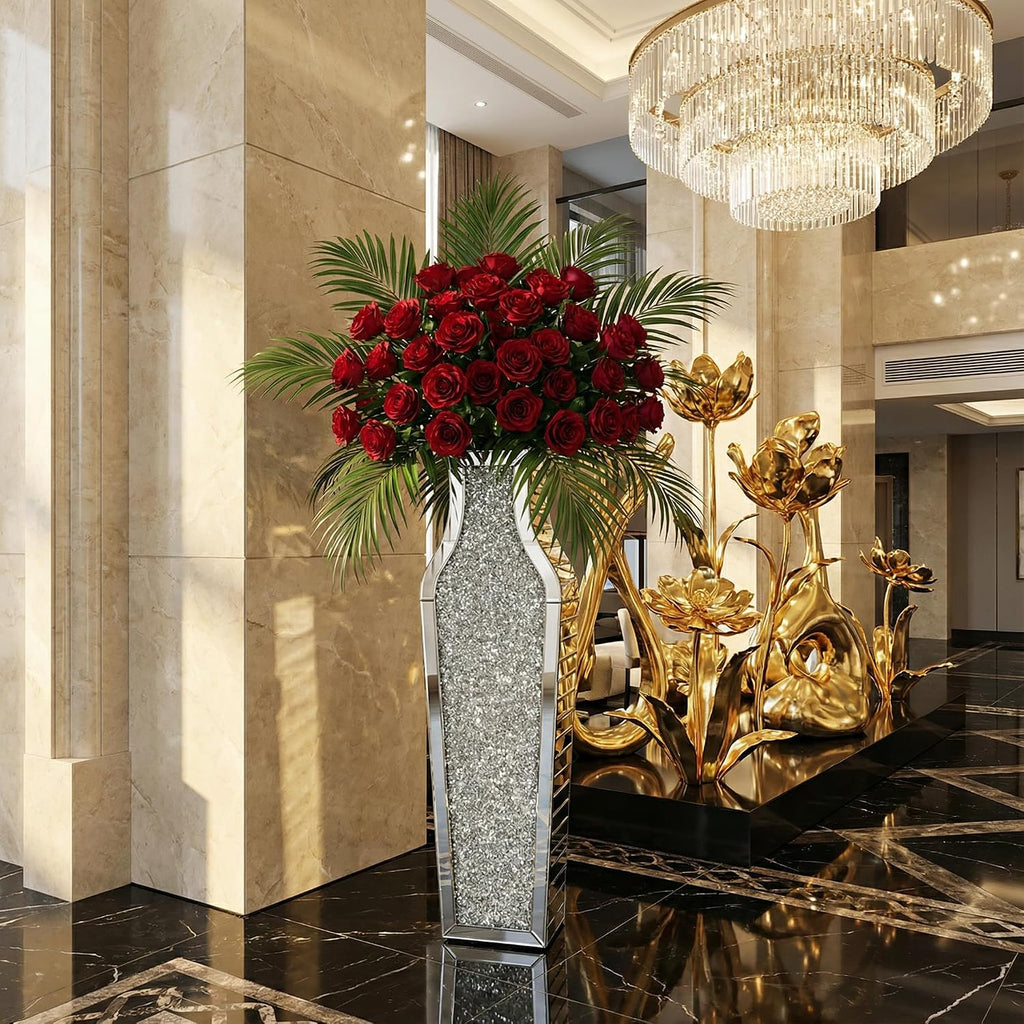30" Large Double Sided Crushed Diamond Floor Vases,Tall Silver Mirrored Crystal Vase for Floor,Big Floor Vases Decorative Tall for Home,Office,Hotel(Silver,8.6" L x 5.3" W x 30" H)