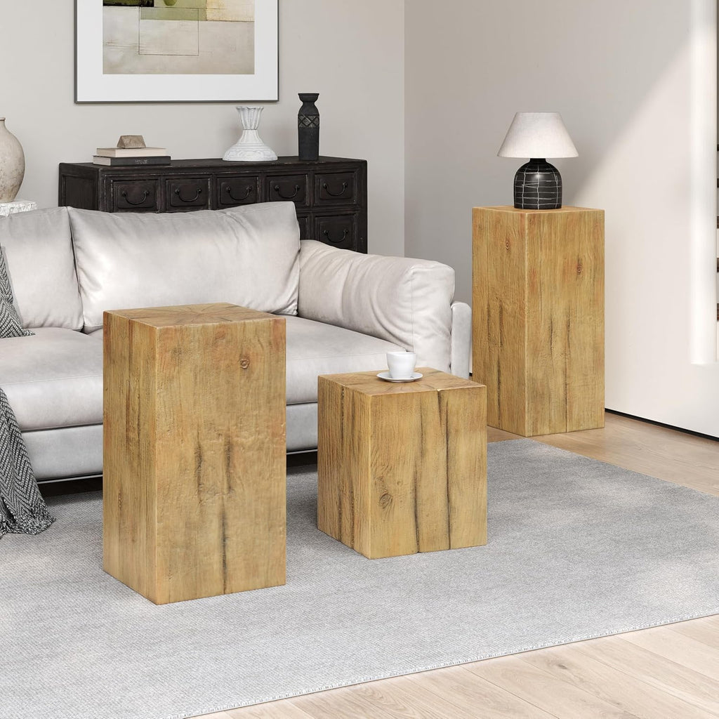 Retro Natural Style Side Table Set of 3,Stackable End Tables,Square-Column MGO Side Table for for Living Room,Bedroom,Office,Natural Color