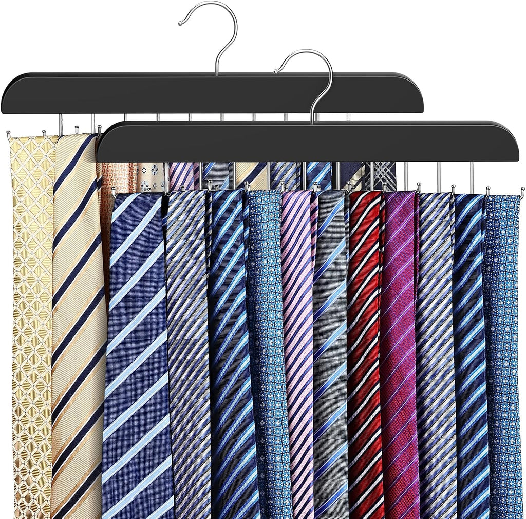 2 Pack Tie Rack Space Saving Hanger, Wooden Tie Hanger for Men with 40 Hooks for Closet Organizers and Storage, Large Capacity Necktie Organizer for Ties, Belts, Tank Top Closet Organization