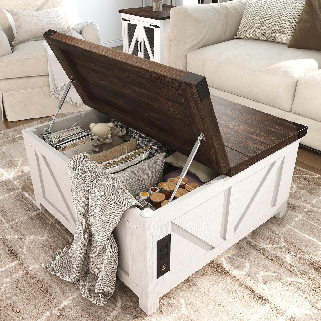 jimeimen Farmhouse Lift Top Coffee Table with Storage, Wood Square Center Table with Charging Station&USB Port, Living Room Table w/Large Hidden Space, for Living Room, Bedroom, Home Office, White