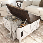 jimeimen Farmhouse Lift Top Coffee Table with Storage, Wood Square Center Table with Charging Station&USB Port, Living Room Table w/Large Hidden Space, for Living Room, Bedroom, Home Office, White