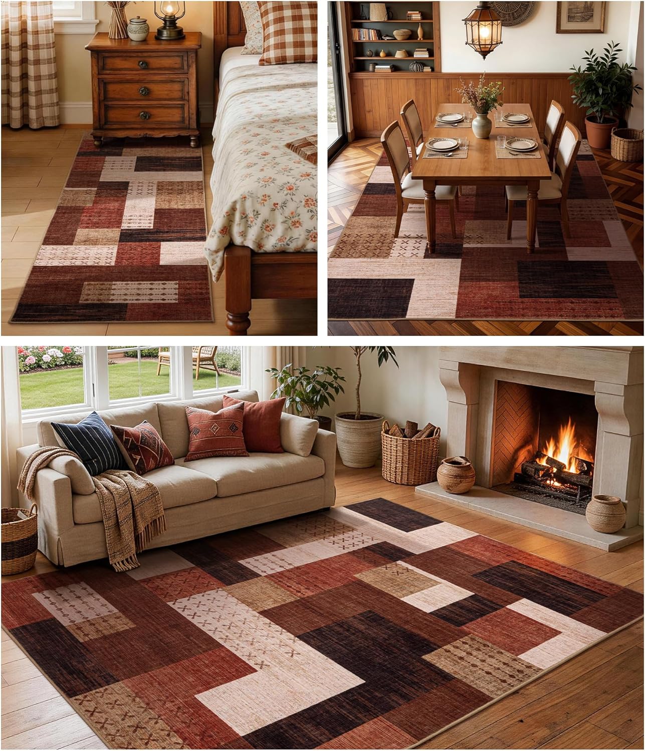 YIHOUSE Brown Modern 5x7 Area Rugs for Living Room, Washable Geometric Patchwork Rug for Bedroom Playroom Non Slip Low Pile, Southwestern Rustic Throw Carpet for Entryway Home Office