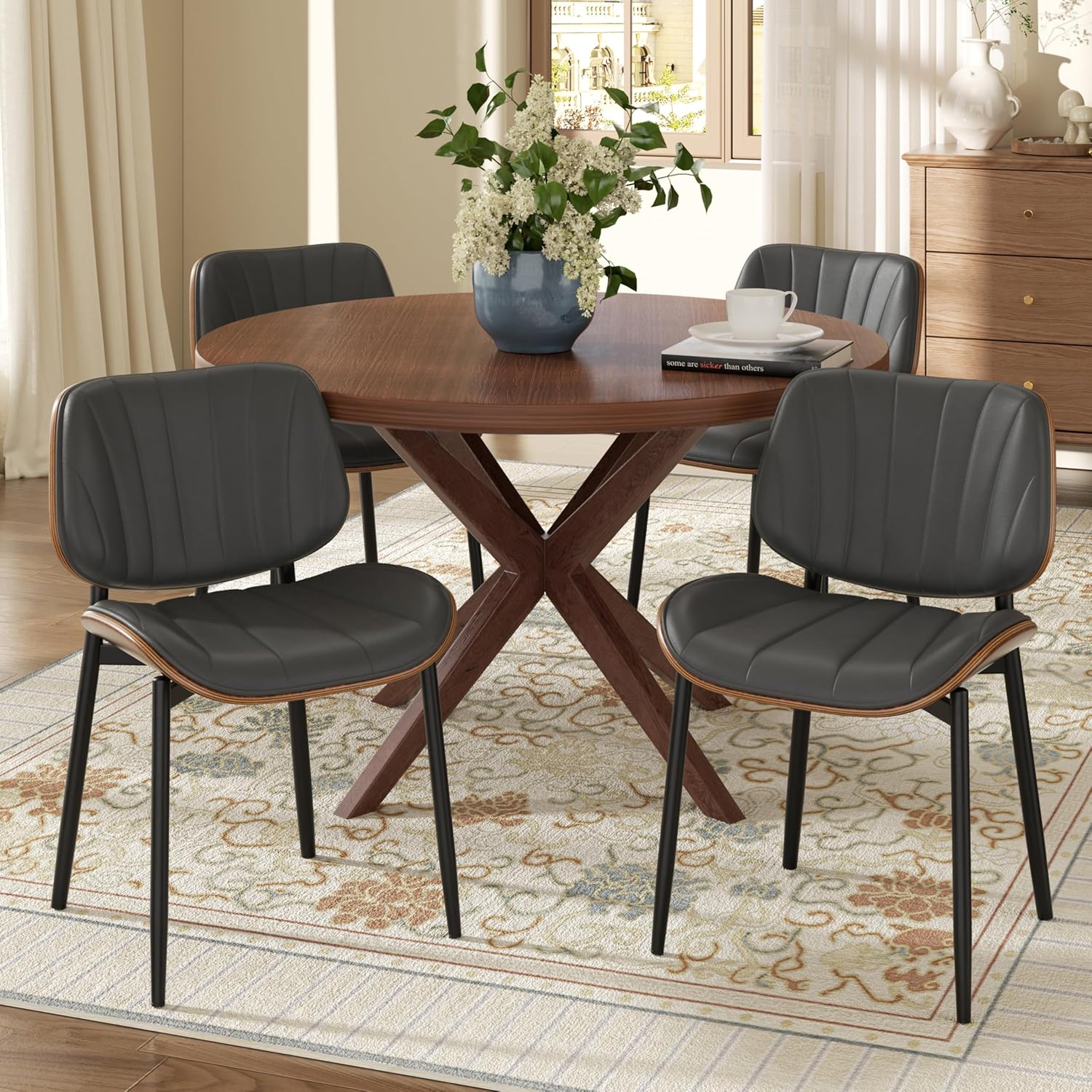 Dining Chairs Set 2 Solid Wood Backrest Modern Metal Chairs Upholstered Pu Leather Dining Chairs with Adjustable Foot Pad for Kitchen Dining Room Deep Grey