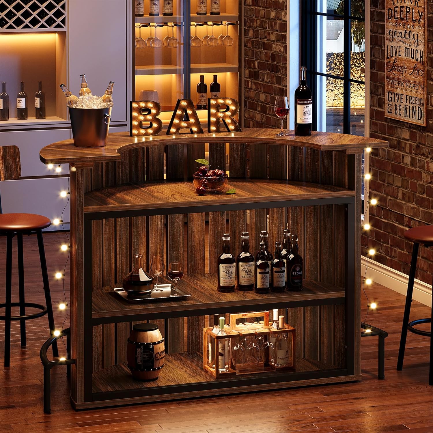 Tribesigns 4-Tier Bar Table, 47.24" Mini Home Bar Table with Footrest, Arc-Shaped Modern Bar Cabinet for Home, Living Room, Rustic Brown