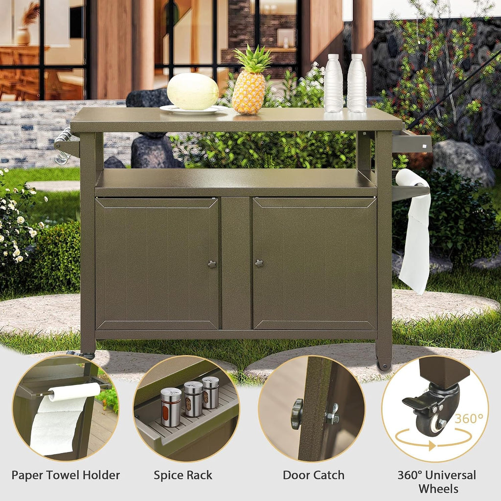 52" Anti-Rust Metal Garden Table for Planting, Planter Bench with Layered Shelves, Outdoor Storage Cabinets with Flexible Wheels for Patio Cooking and Gardening, Brown