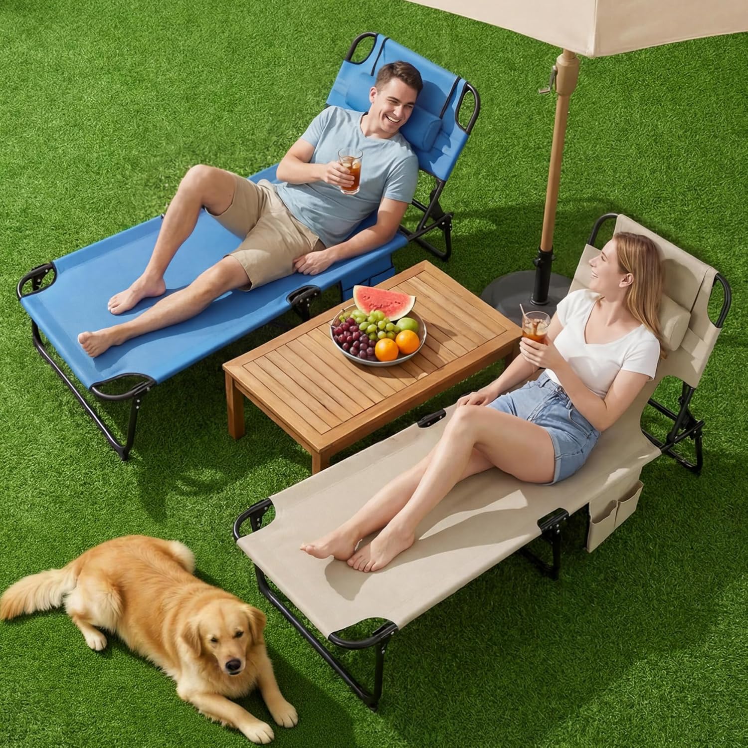 3-in-1 Sun Tanning Chair with Face Holes, Folding Chaise Lounge Chairs, 5-Position Adjustable Lounge Chair Outdoor with 2 Side Pocket & Pillow, for Pool Beach, Patio, Camping, Beige