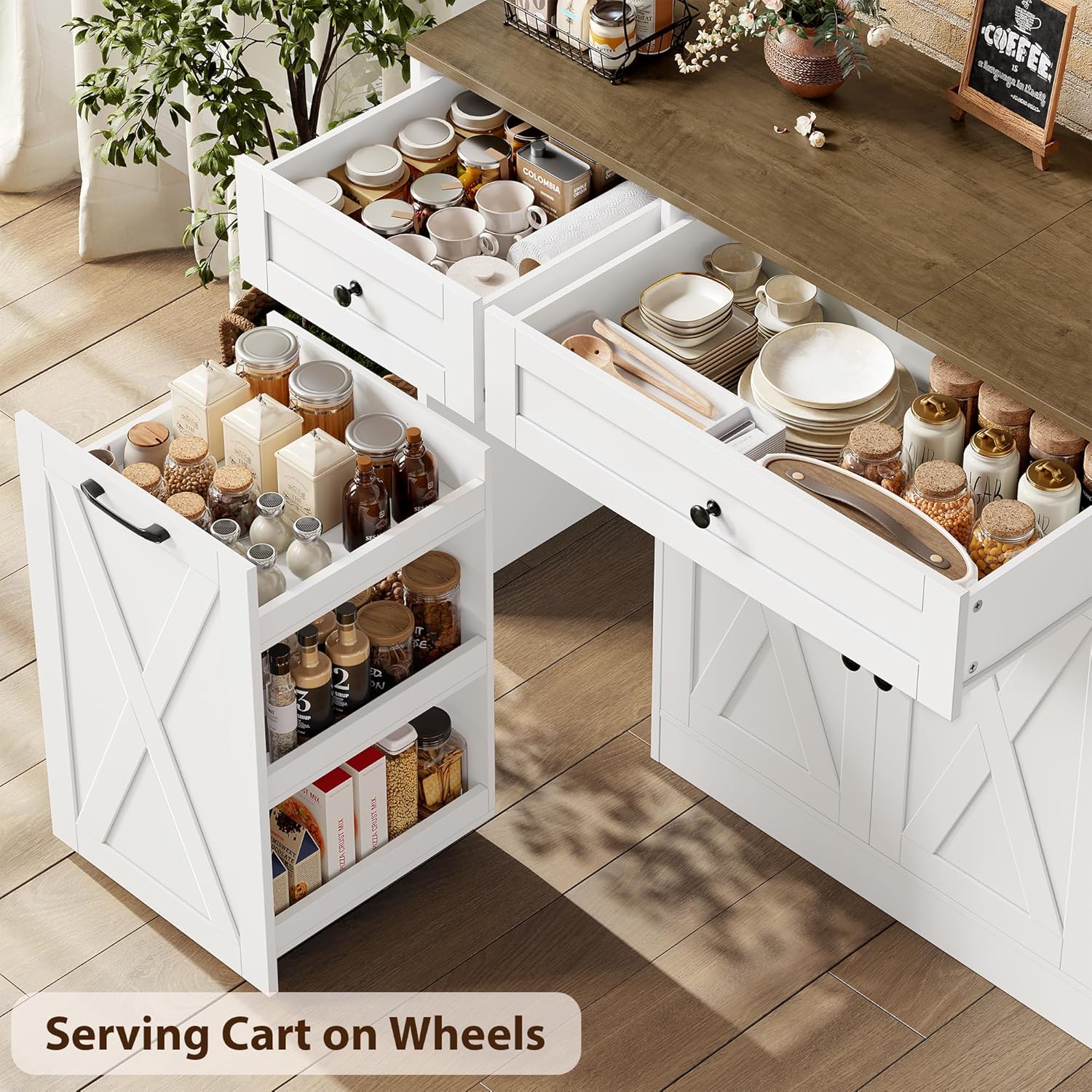 HOSTACK Multifunctional Storage Cabinet - 59" Buffet Cabinet with Charging Station, Large Kitchen Buffet Sideboard with Rolling Cart, Farmhouse Coffee Bar Cabinet with Drawers for Kitchen, White