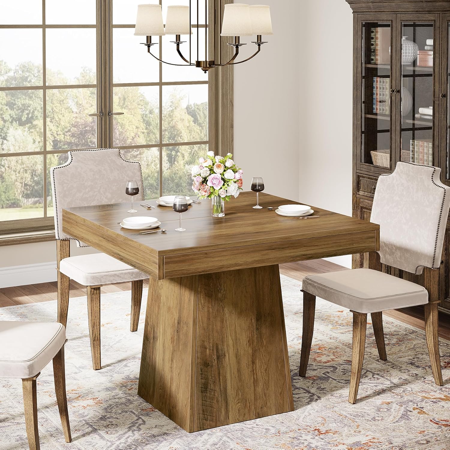 Tribesigns 31.5" Square Dining Table for 4, Farmhouse Kitchen Table with 3.93" Thick Tabletop & Heavy-Duty Base, Space-Saving Small Dinner Table for Dining Room, Apartment, Living Room, Brown