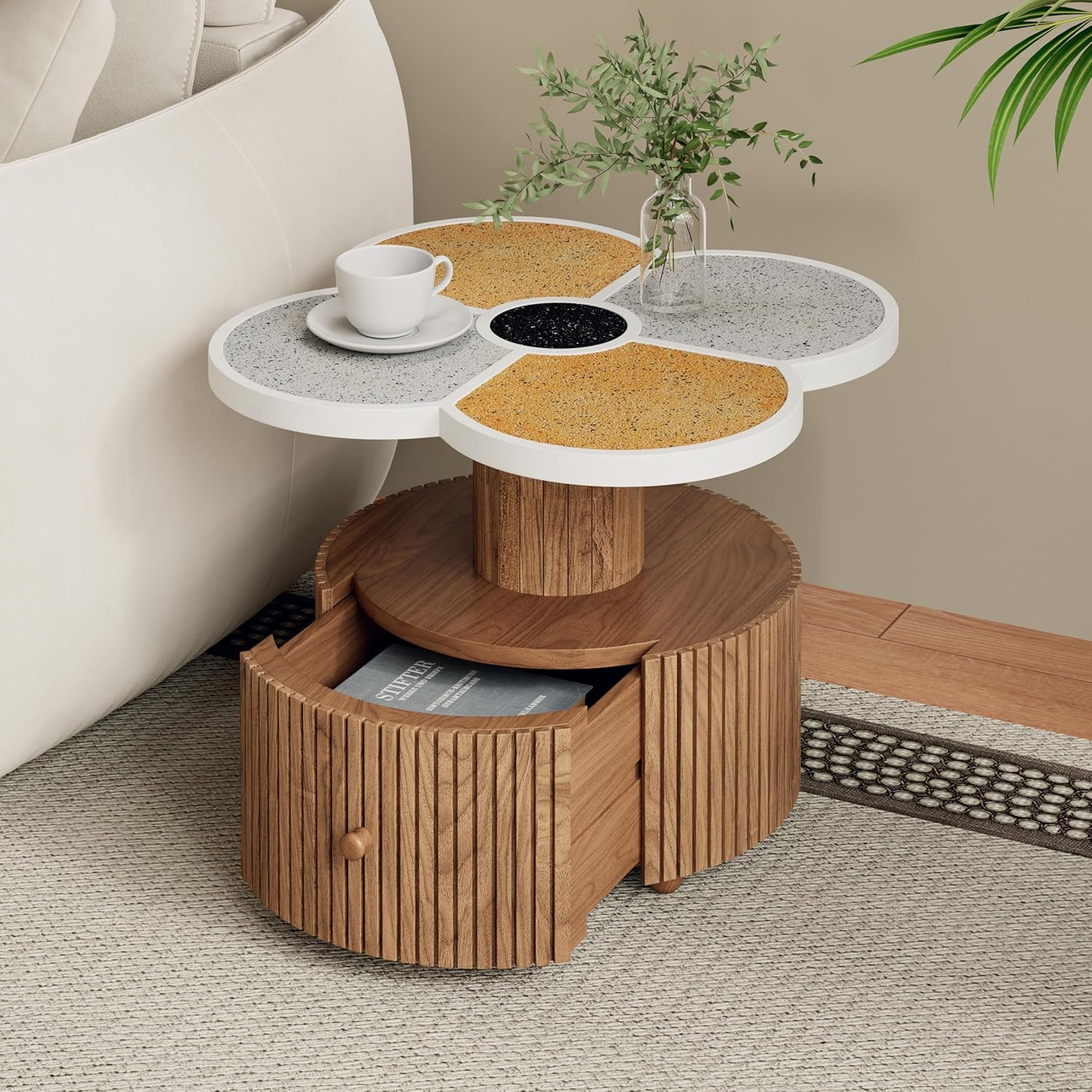 Christopher Knight Home Maven Four-Leaf Clover Side Table with Drawer, Modern Sofa End Table for Living Room, Wooden Accent Table with Pedestal Base, Natural+Yellow+White