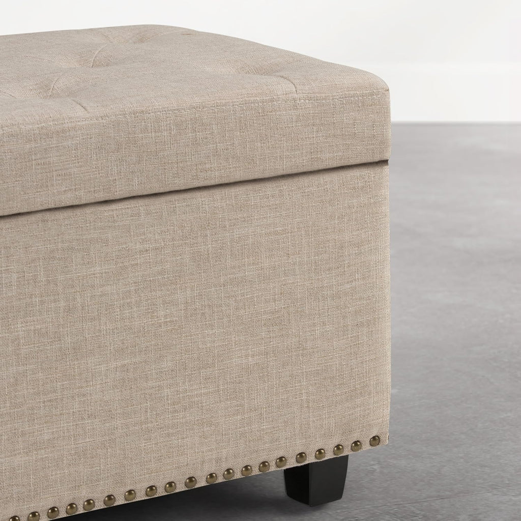 SIMPLIHOME Hamilton Storage Ottoman - 48 in Wide Upholstered Linen Look Fabric Rectangle Storage Ottoman Bench in Natural Beige, Traditional Tufted Ottoman for Living Room or Entryway with Lift-Up Lid